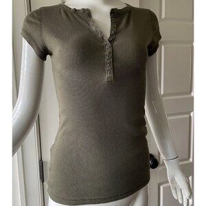 Vintage Y2K Womens Large Fitted Button Henley Baby Tee Olive Green Bella Swan